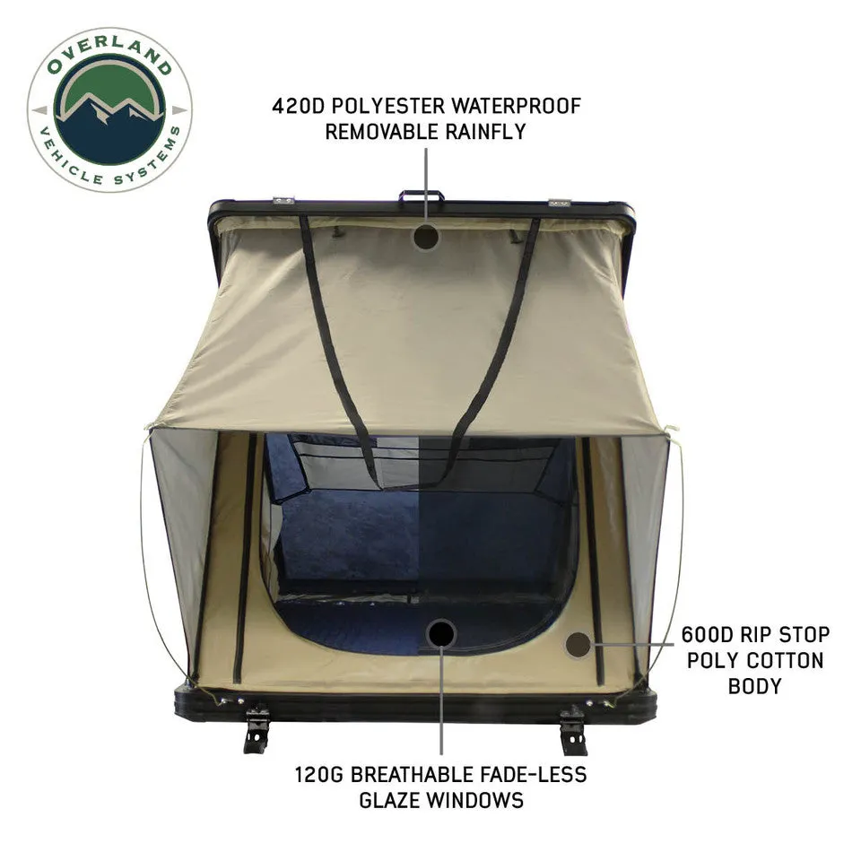 Overland Vehicle Systems LD TMON Clamshell Aluminum Hard Shell Roof Top Tent - 2 Person Capacity, Tan Body & Green Rainfly